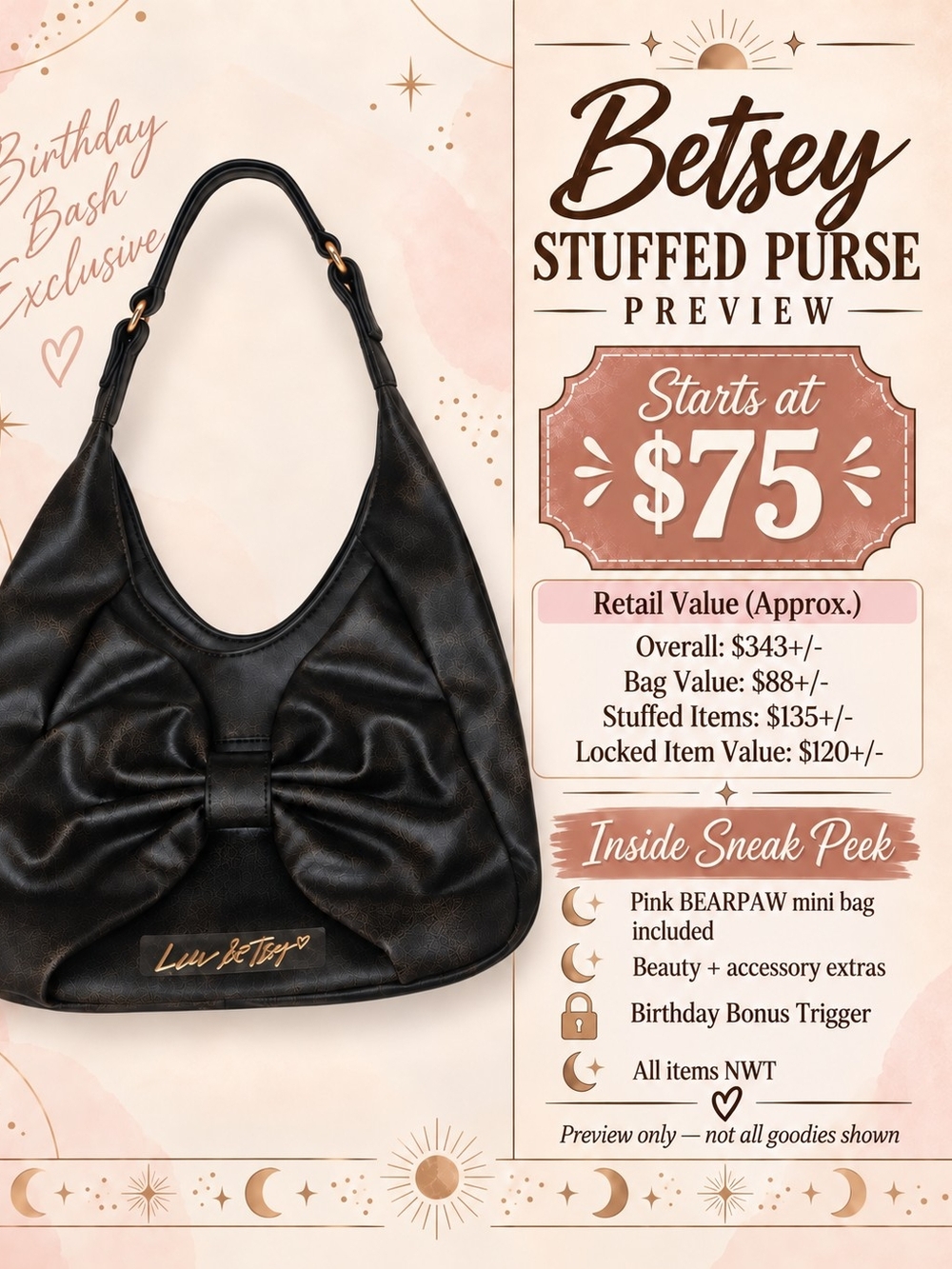 Betsey Johnson Brown Bow-Accent Hobo Stuffed Bag - Birthday Bash Exclusive